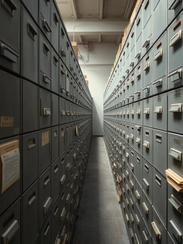 A high-angle architectural shot of a dusty municipal archive
